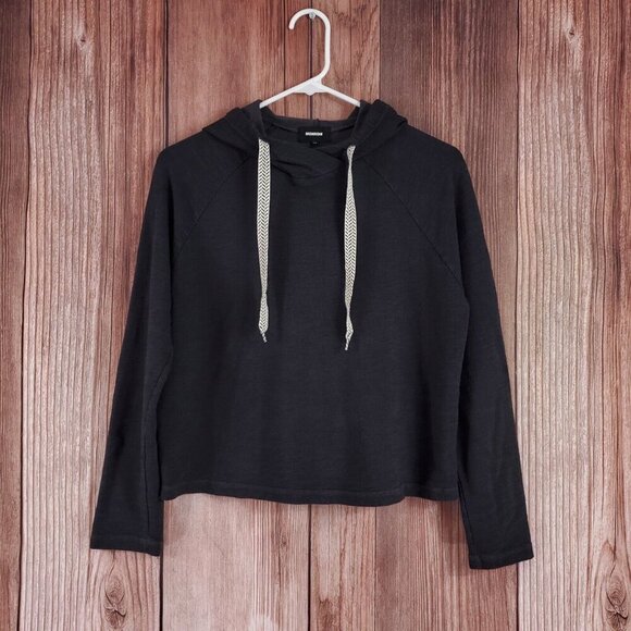 *READ* Monrow Womens Size Medium Pullover Hoody Chevron Drawcord Black Soft - Picture 1 of 12
